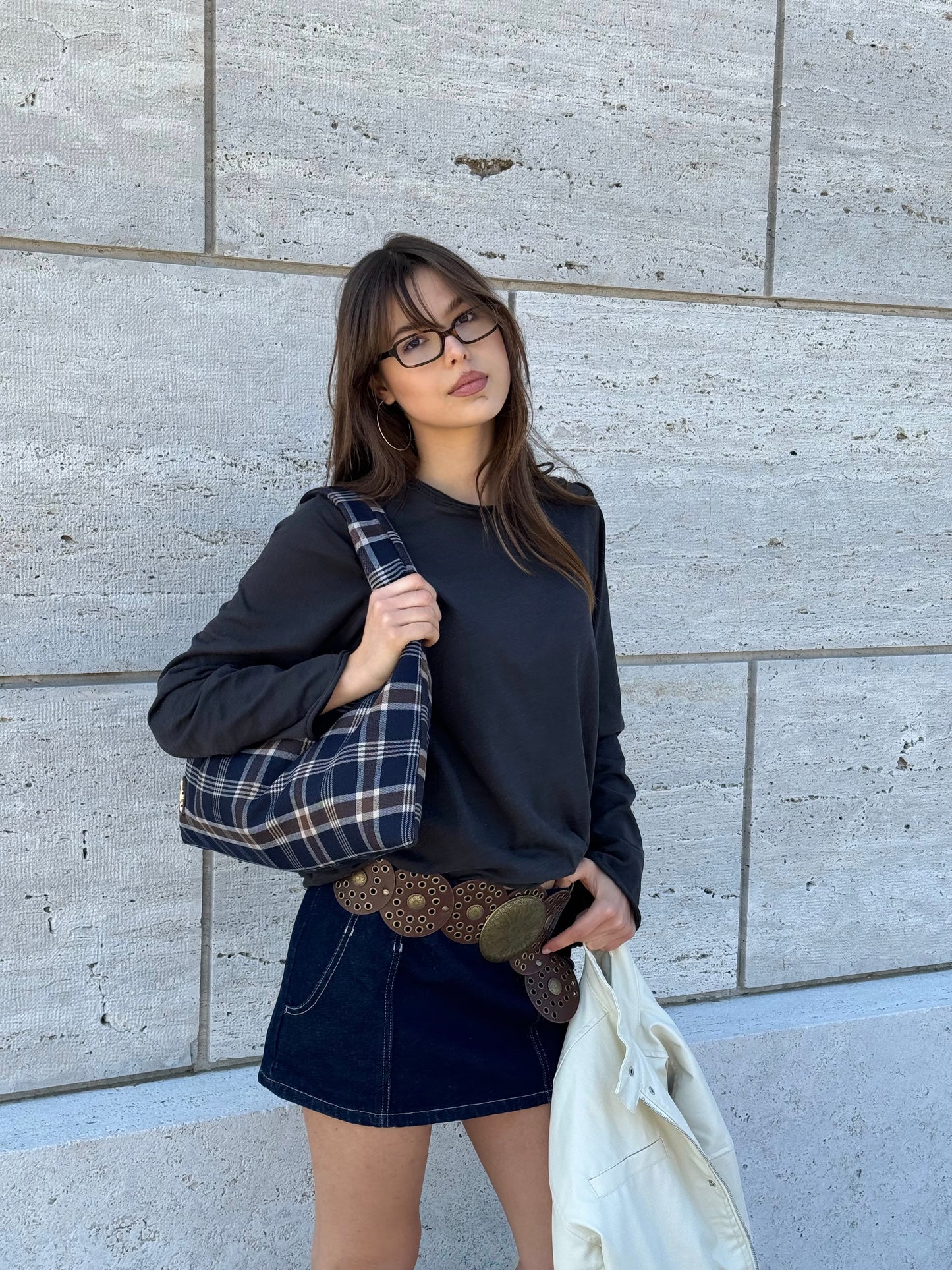 Borsa a spalla in tessuto ANYA - BLU NOTTE