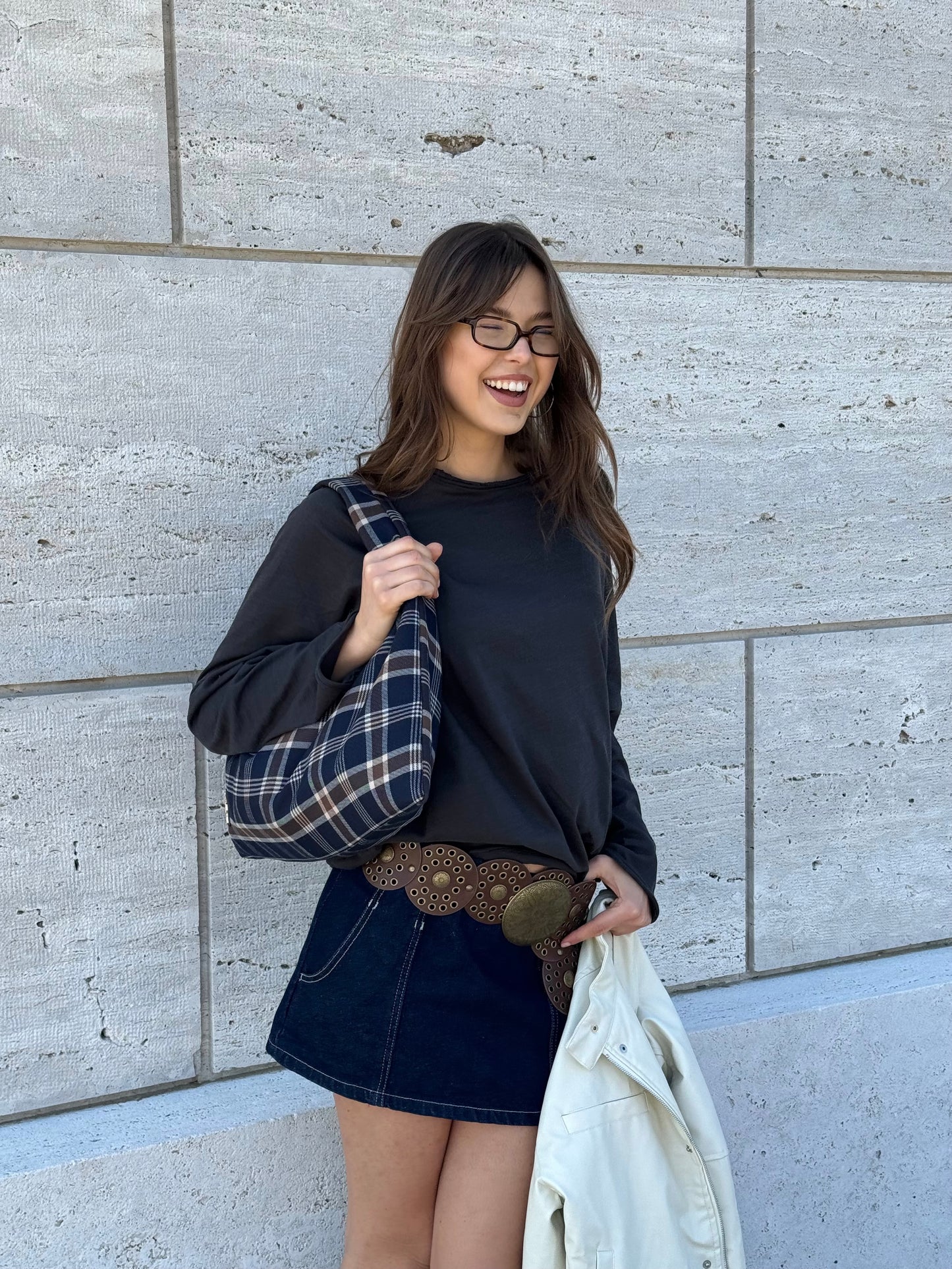 Borsa a spalla in tessuto ANYA - BLU NOTTE