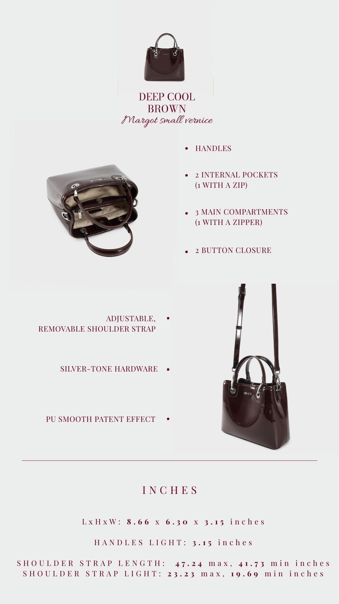 Borsa a mano MARGOT SMALL VERNICE - DEEP COOL BROWN