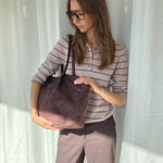 BRIELLE BIG FAUX SUEDE SHOULDER BAG - AUBERGINE