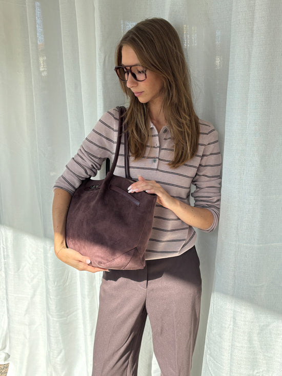 BRIELLE BIG FAUX SUEDE SHOULDER BAG - AUBERGINE - PRE-ORDER