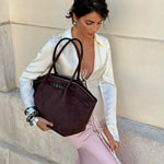 BRIELLE BIG FAUX SUEDE SHOULDER BAG - AUBERGINE