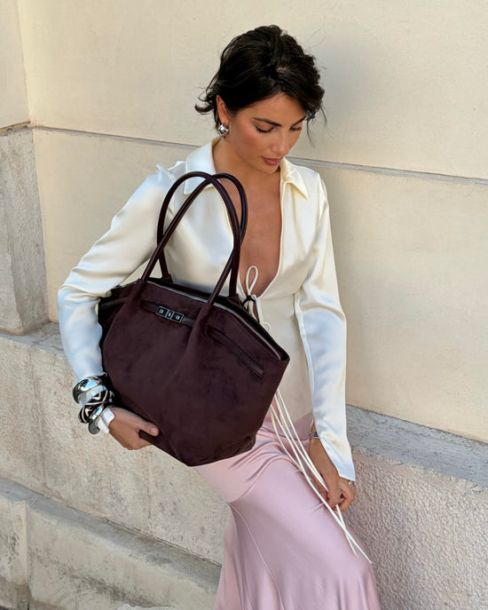 BRIELLE BIG FAUX SUEDE SHOULDER BAG - AUBERGINE - PRE-ORDER