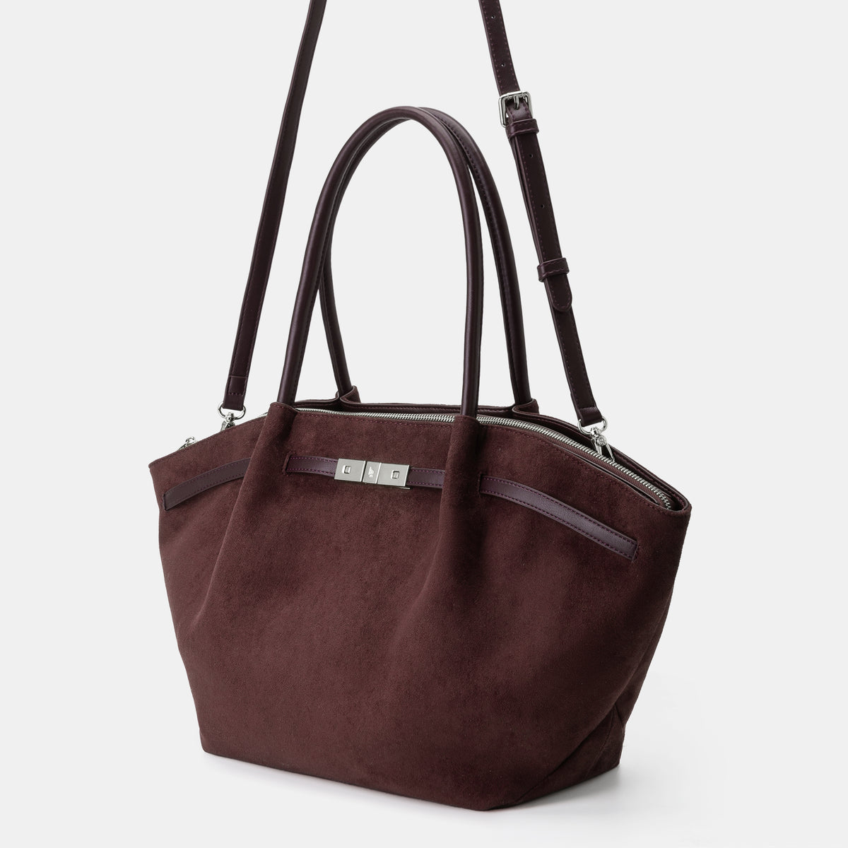 BRIELLE BIG FAUX SUEDE SHOULDER BAG - AUBERGINE