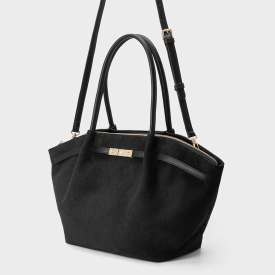 BRIELLE BIG FAUX SUEDE SHOULDER BAG - BLACK GOLD - PRE-ORDER