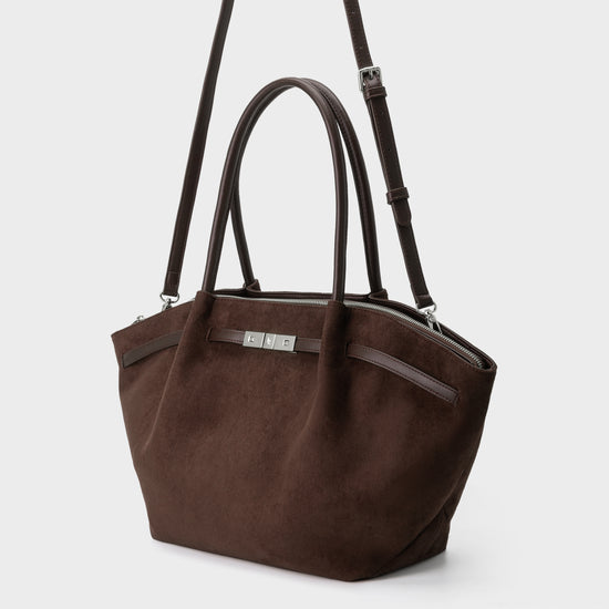 BRIELLE BIG FAUX SUEDE SHOULDER BAG - DARK BROWN - PRE-ORDER