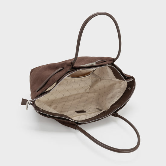 BRIELLE BIG FAUX SUEDE SHOULDER BAG - DARK BROWN - PRE-ORDER