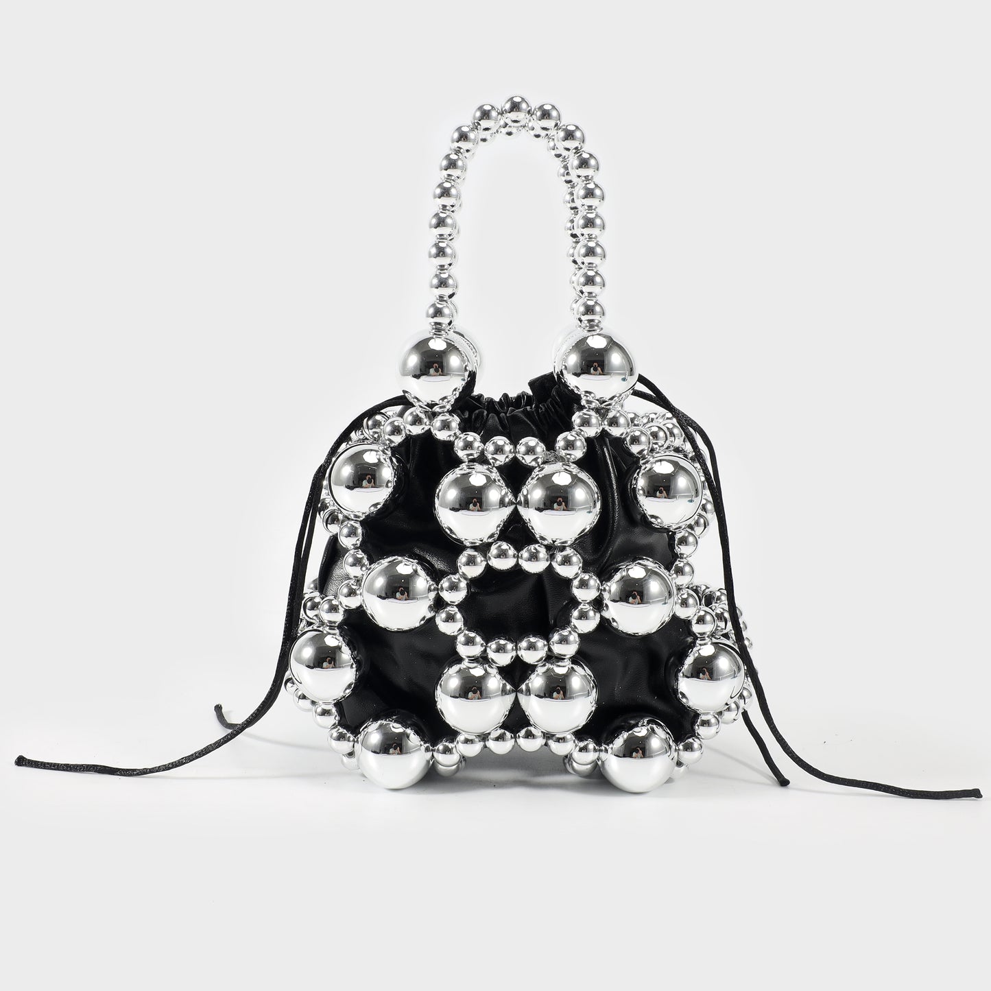Handbag with beads and internal fabric - SILVER