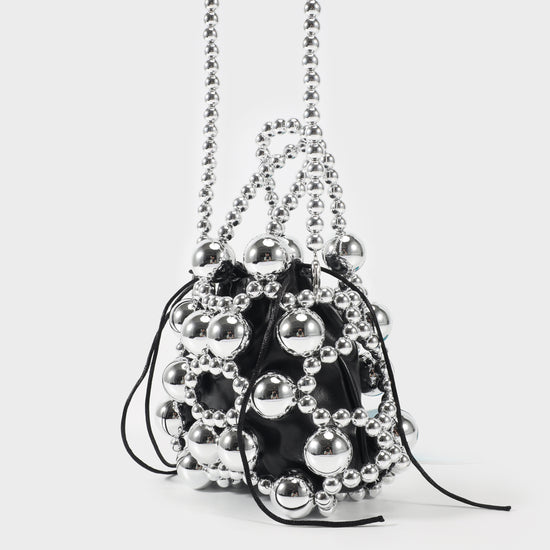 Handbag with beads and internal fabric - SILVER