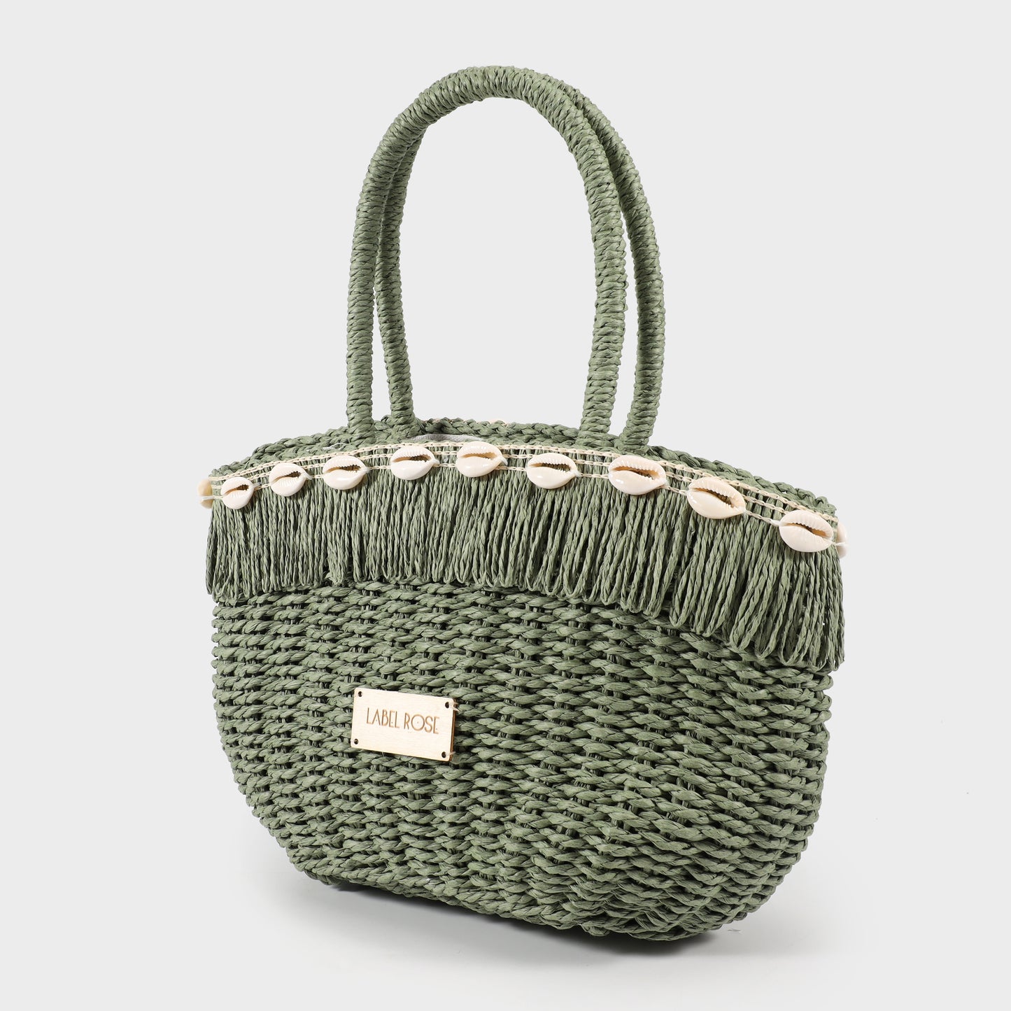 Straw bag with shells - GREEN