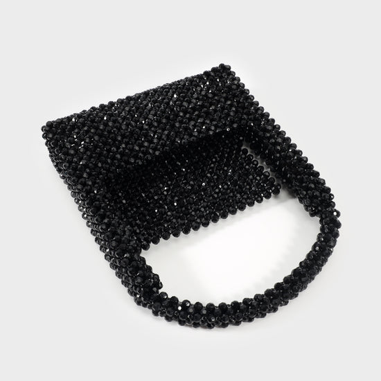 Beaded bag with rectangular rigid handle - BLACK