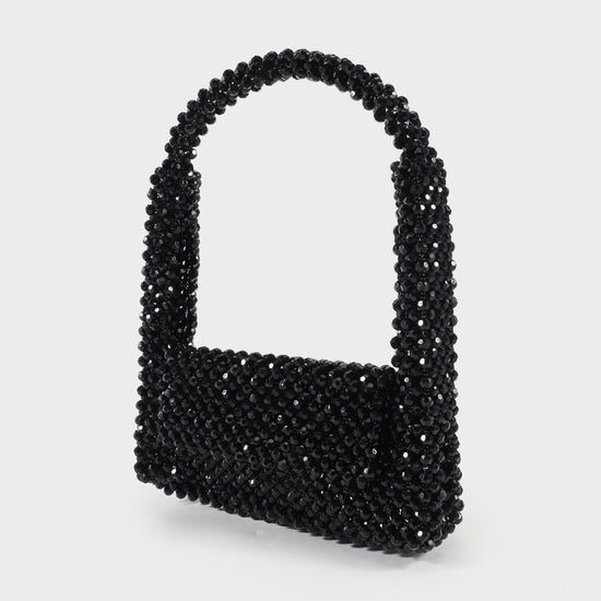 Beaded bag with rectangular rigid handle - BLACK