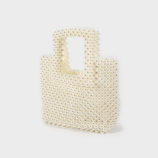Beaded handbag with rigid handle - CREAM