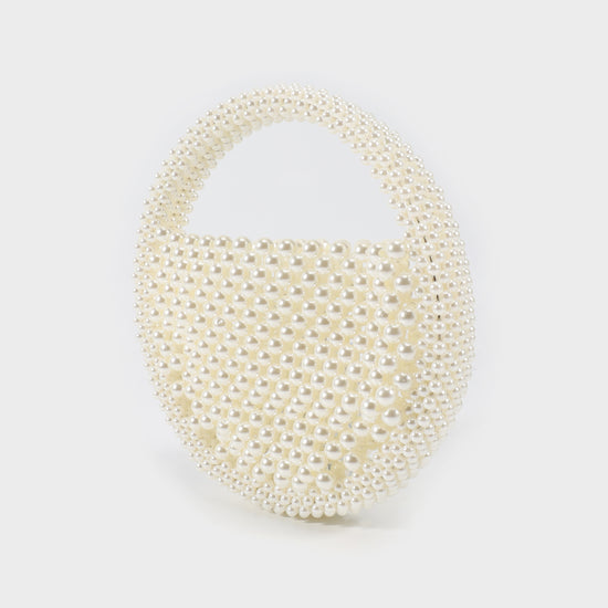Beaded handbag with round rigid handle - CREAM